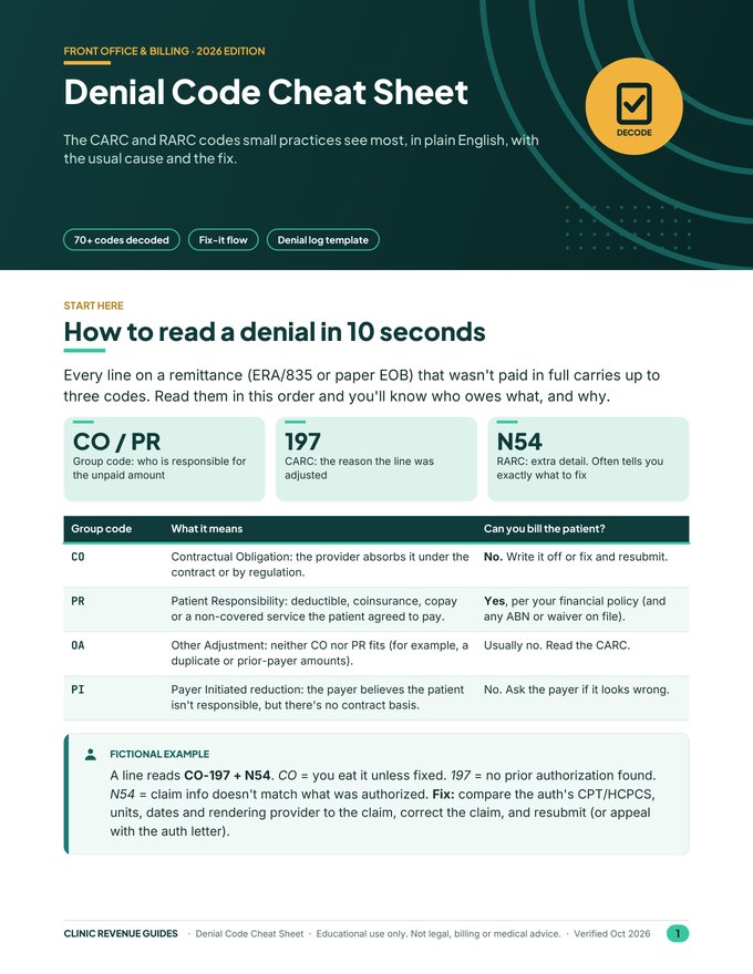 First page of Denial Code Cheat Sheet